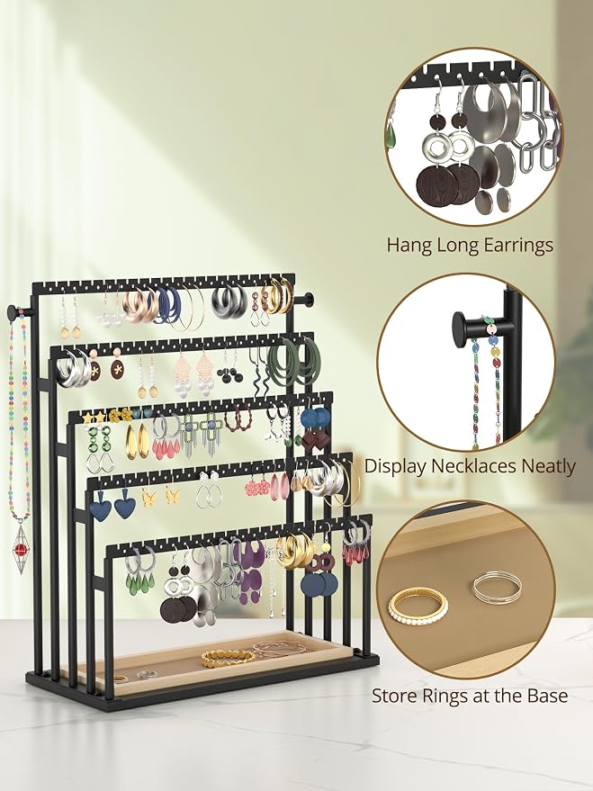 Earring Holder Organizer, 5-Tier Step Jewelry Display Stand with Metal Frame and Wooden Storage Organizer, Large Earring Holder for Studs, Hoops, Dangles, Modern Jewelry Organizer for Women