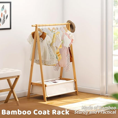 FILWH Bamboo Clothes Rack with Storage Box Foldable Garment Holder Coat Rack Freestanding Coat Stand Child Clothing Stand for Hanging Coat Dress up Racks (Natural, Small)