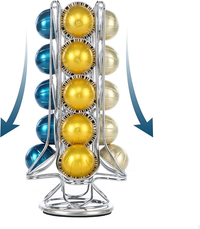 FlagShip Coffee Pod Holder 360-Degree Rotatable Nespresso Vertuoline VertuoPlus Capsules Coffee Pods Capsules Stand Storage Rack Single Serve, Silver Metal(20 Pods)