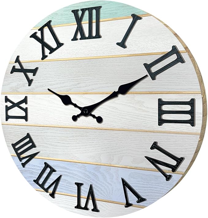Round Grey Farmhouse Wall Clocks Battery Operated Analog Solid Wood Wall Clocks for Living Room Decor 12 Inch Quiet Wall Clock Non Ticking
