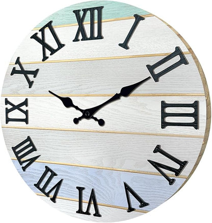 Round Grey Farmhouse Wall Clocks Battery Operated Analog Solid Wood Wall Clocks for Living Room Decor 12 Inch Quiet Wall Clock Non Ticking