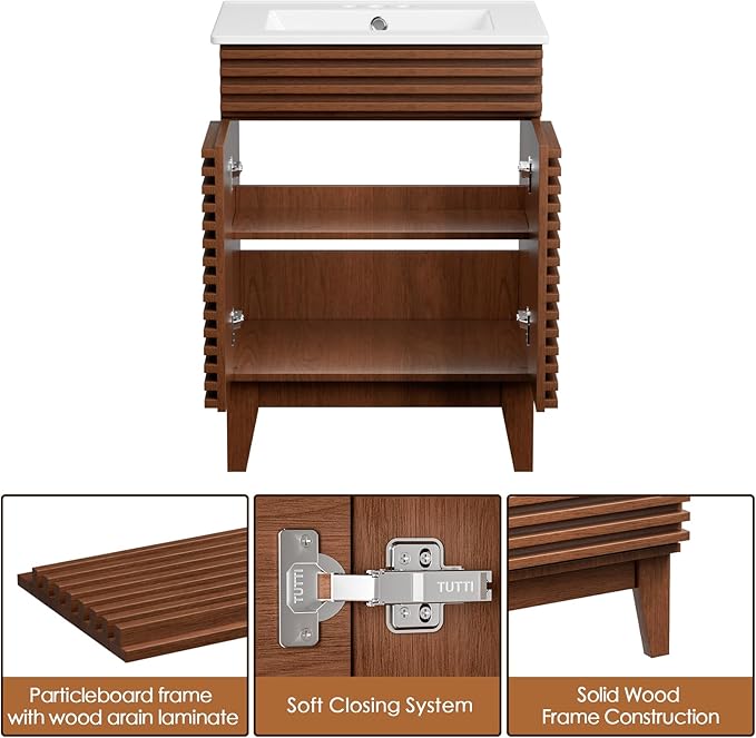 ROOMTEC 24" Walnut Modern Freestanding Bathroom Vanity Sink with Storage, 2 Levels, 2 Compartments, Undermount Ceramic Sink