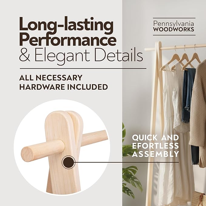 Pennsylvania Woodworks Handcrafted Maple Garment Rack - Sleek & Stylish Clothing Storage, Home Organization, Boutique Display, Coat Rack, Laundry Room Decor - Made in the USA (Medium)