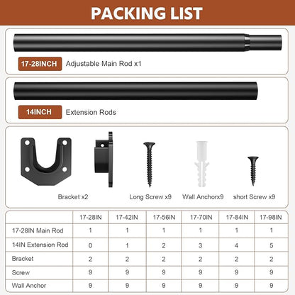Closet Rods for Hanging Clothes, 17-28 Inch Stepless Adjustable Closet Rod, 1.3 Inch Heavy Duty Metal Clothes Hanging Rod, Expandable Closet Bar Hanger Rod Black for Closet Wardrobes Laundry RV
