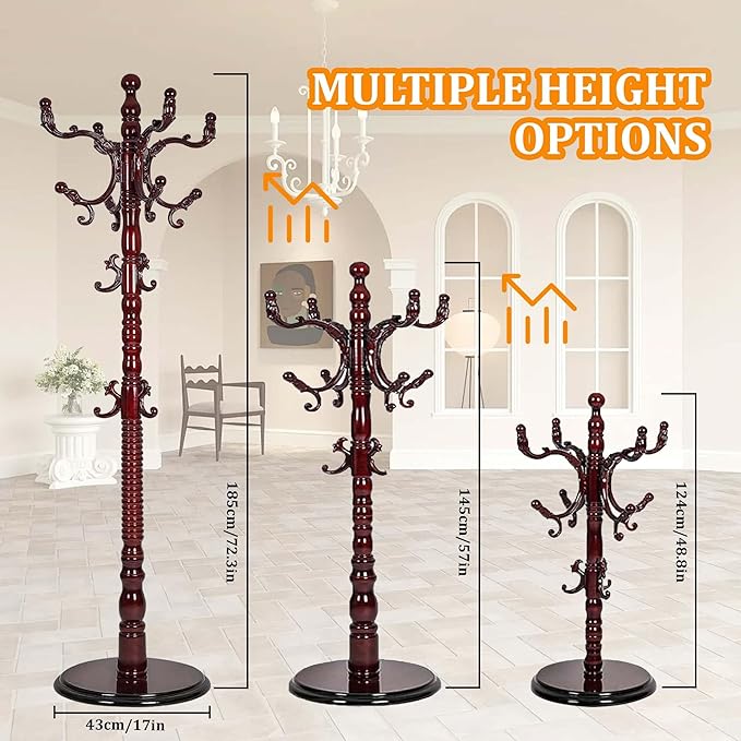 Solid Birch Wood Cloth Tree with Hooks, Coat Rack Freestanding with Adjustable Height 37.4’’-72.83’’, Wooden Freestanding Coat Rack for Entrance, Office, Living Room, Bedroom, Corridor