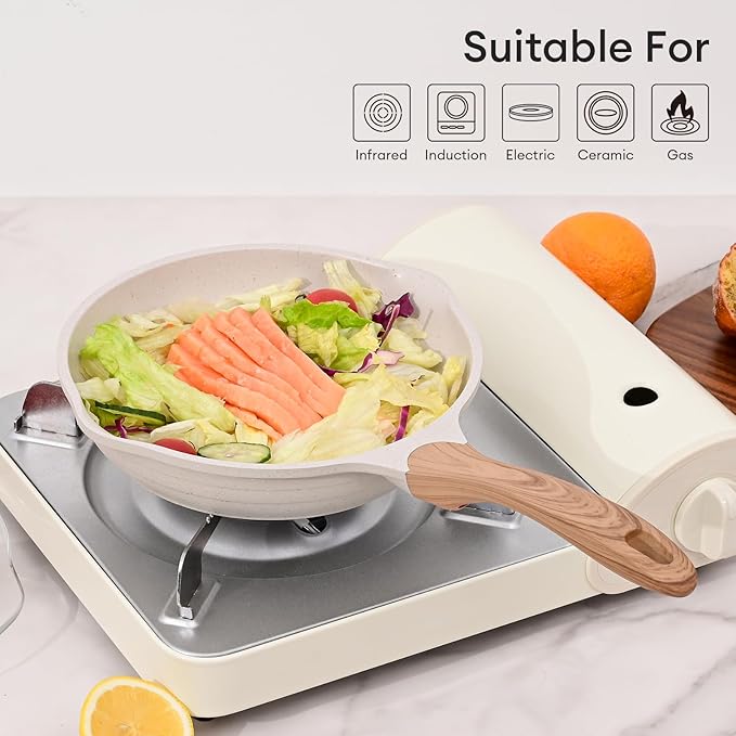 JEETEE 10 Inch Nonstick Frying Pan, Stone Coating Cookware, Nonstick Omelette Pan with Heat-Resistant Handle, Compatible with All Stoves (Beige)