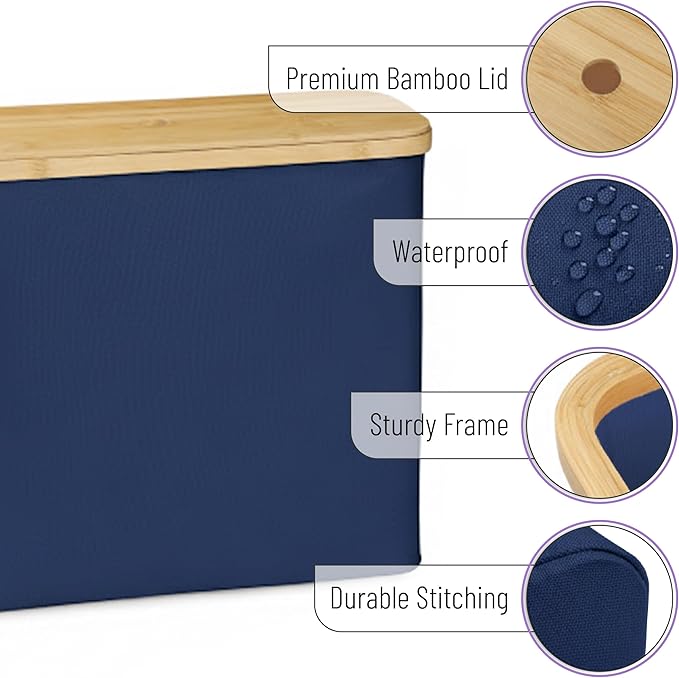 BAMBOO LAND- Toilet Paper Storage with Bamboo Lid for 12 Rolls, Dark Blue, Waterproof Bamboo Toilet Paper Holder Basket