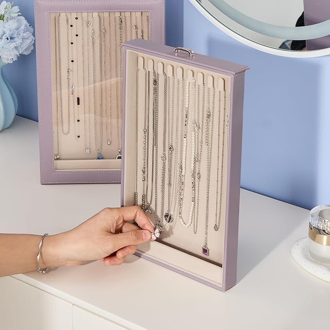 Lolalet Necklace Organizer Box, Jewelry Storage Box with Clear Window for Necklaces Bracelets, Tangle-Free Necklace Display Case for Women Girls, Dusty Purple, 2 Layers 20 Hooks