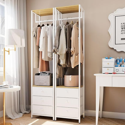 YMYNY Garment Rack, Clothes Rack with Drawers, Freestanding Tall Closet Organizer with 3 Fabric Drawers, Clothes Stand for Hanging Shirts, Coat,15.35" L×11.41" W×70.47" H Wood Color&White UHGR001R