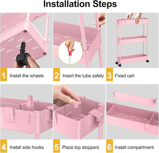 SPACELEAD Slim Storage Cart 3 Tier,Bathroom Organizer Rolling Utility,Mobile Shelving Unit Slide Out for Office, Kitchen, Laundry Room & Narrow Places,Pink