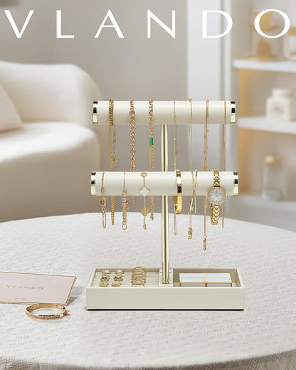 VLANDO 2 Tier Bracelet Holder Organizer with Tray - Leather Jewelry Stand Organizer for Women - Jewelry Holder Display for Necklace, Watches, Rings, Earrings, Bangle, Scrunchie - Cloud White