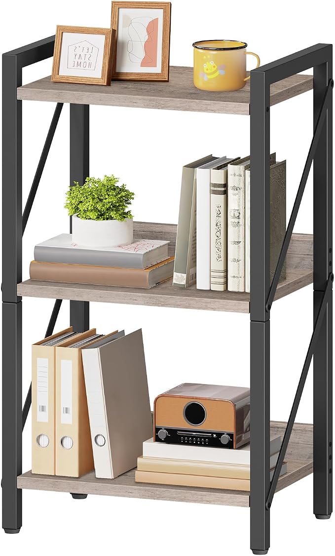 HOOBRO Bookshelf, 3-Tier Industrial Bookcase, Book Shelf Storage Organizer, Small Bookshelf with Metal Frame for Living Room, Bedroom, Home Office, Kitchen, Greige and Black BG71SJ01