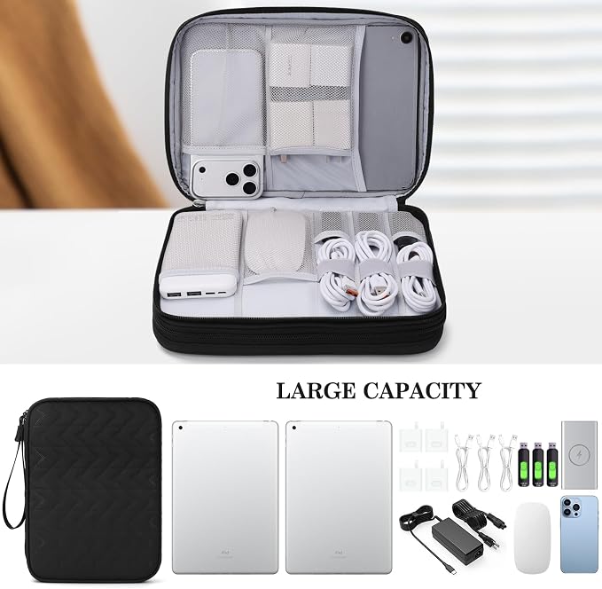 FYY Electronic Organizer, Extra Large Travel Cable Organizer Bag Pouch Portable Waterproof Double Layers All-in-One Storage Bag for iPad, Cable, Power Bank, Laptop Charger for Office, Black-Pattern