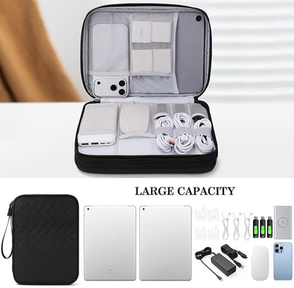 FYY Electronic Organizer, Extra Large Travel Cable Organizer Bag Pouch Portable Waterproof Double Layers All-in-One Storage Bag for iPad, Cable, Power Bank, Laptop Charger for Office, Black-Pattern