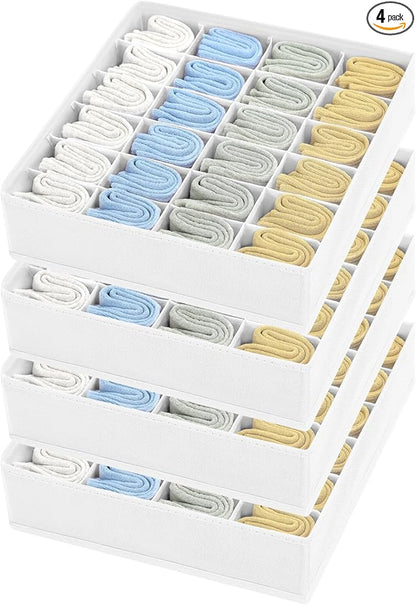 Sock Organizer 4 Pack, 24 Cell Foldable Underwear & Sock Storage, Drawer Organizer for Ties, Belts. (White)