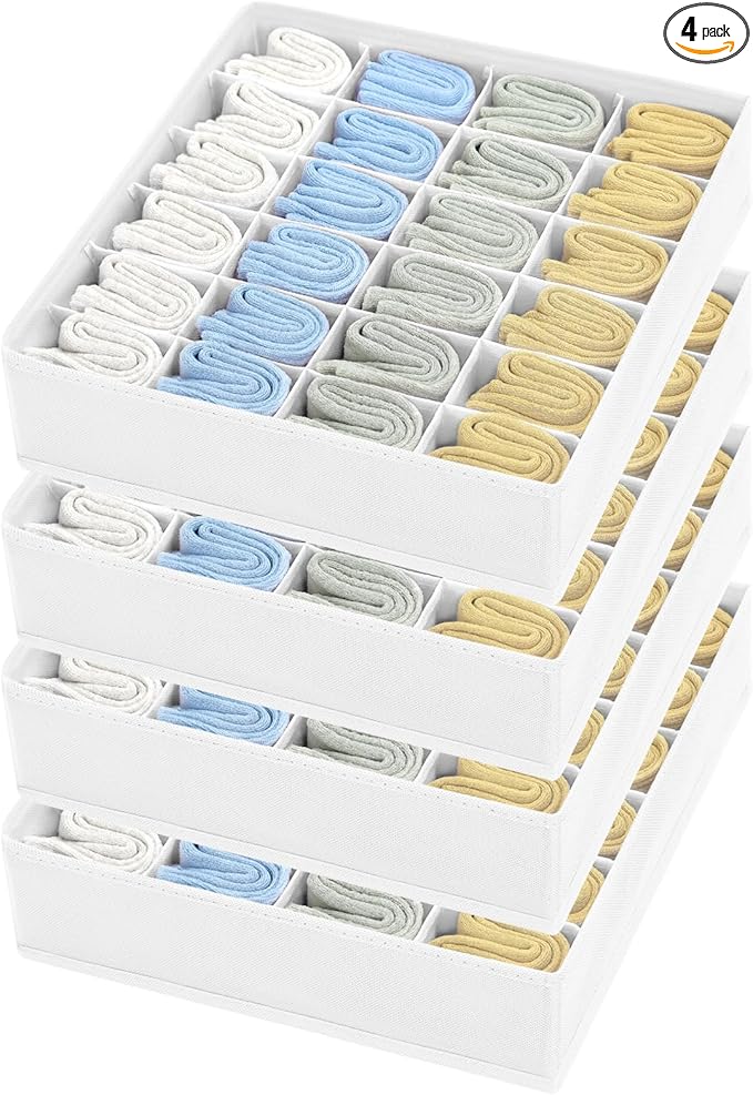 joyoldelf Sock Drawer Organizer Divider Underwear Organizer 24-cell Fabric Dresser Drawer Organizers Storage Boxes for Socks Lingerie, Handkerchiefs, Ties 4 Pack (White)