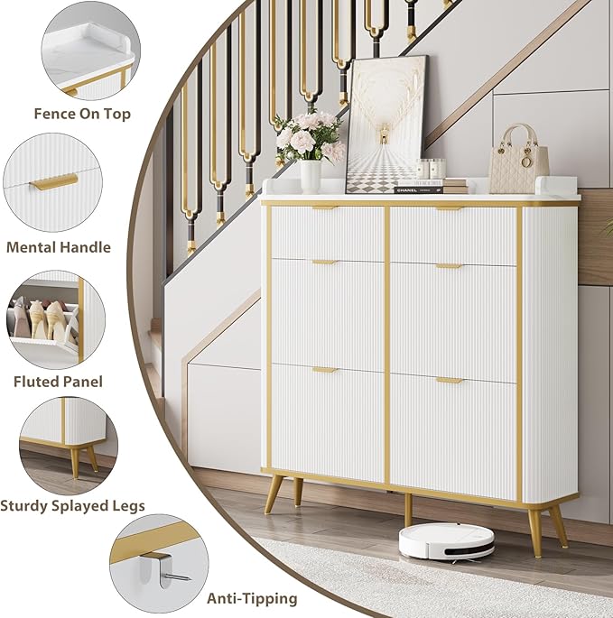 Shoe Cabinet with 4 Flip Drawers and 2 Drawers, Modern Fluted Wood Shoe Storage with Adjustable Shelves, Narrow Slim Shoe Organizer for Entrance, Foyer, Hallway, White