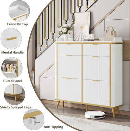 Shoe Cabinet with 4 Flip Drawers and 2 Drawers, Modern Fluted Wood Shoe Storage with Adjustable Shelves, Narrow Slim Shoe Organizer for Entrance, Foyer, Hallway, White