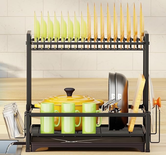 Simple Trending Dish Rack Over the Sink, Dish Drying Rack for Kitchen Counter, 2-Tier Stainless Steel Dish Drainer, Black