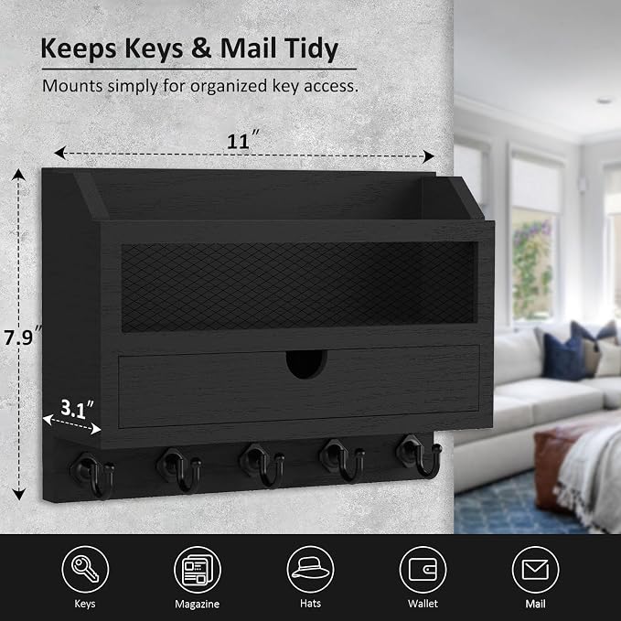 Nekon Key and Mail Holder for Wall, Key Organizer with 5 Hooks & Storage Drawer, 11" W x 7.9" H x 3.1" D Wooden Key Rack for Entryway and Home Decor (Black)
