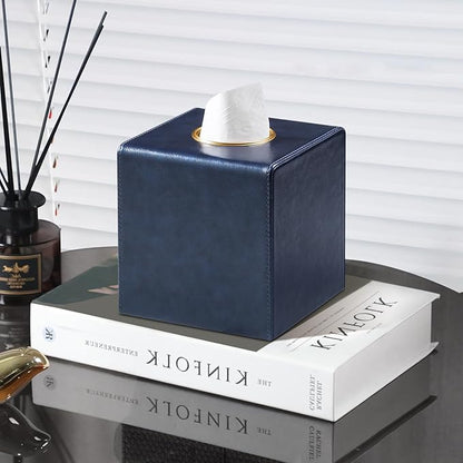 MEIBOOCH Square Tissue Box Cover, Luxury PU Leather Tissue Holder with Magnetic Closure (Navy Blue)