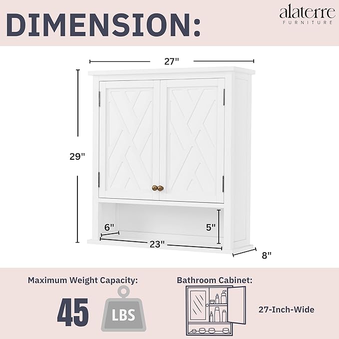 Alaterre Furniture Coventry 27W x 29H Wall Moted Bath Storage Cabinet with Two Doors and Open Shelf