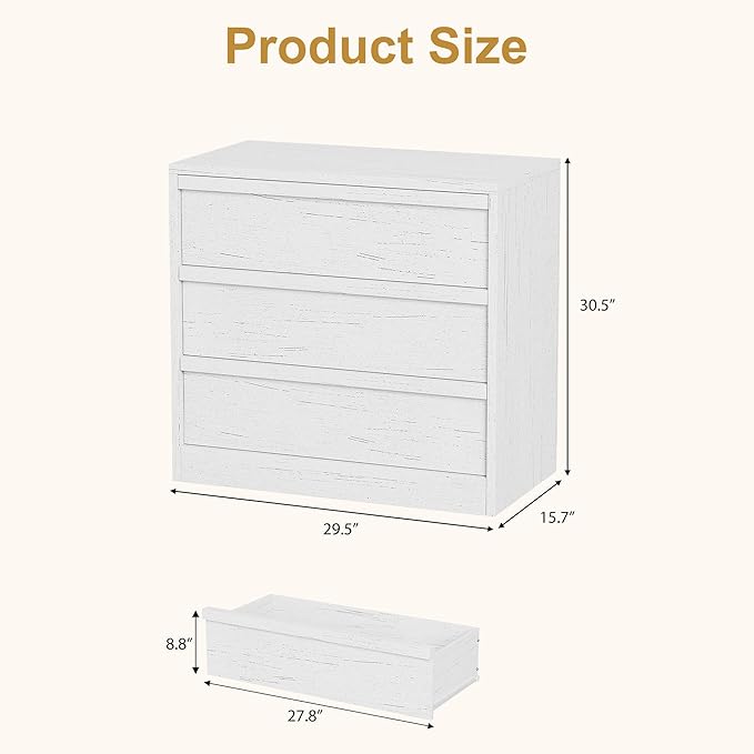 IDEALHOUSE 3 Drawer Nightstand for Bedroom, 30in Tall Small End Side Table with Large Storage & Anti-Tip Design, Modern Bedside Table Organizer for Living Room, Entryway - White