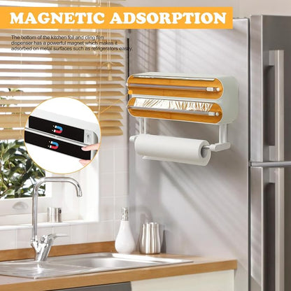 Magnetic Plastic Wrap Dispenser with Cutter - Quasziwa Refillable Tin Foil and Plastic Wrap Organizer for Kitchen, Aluminum Foil Dispenser with Paper Towel Holder Wall Mount - Fits 12" Roll, White