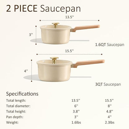 CAROTE 1.6Qt & 3.0Qt Sauce Pan Sets with Lid Ceramic Nonstick Pot Set Non Toxic Saucepan with Stay-cool Handle Small Kitchen Cooking Pots, Easy to Clean, Induction Comptable, PFOA FREE