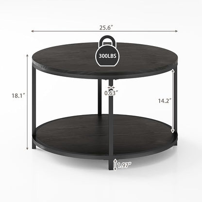 NSdirect Round Coffee Table, 25.6" Small Coffee Table for Living Room,2-Tier Rustic Wood Desktop with Storage Shelf Modern Design Home Furniture(Black)