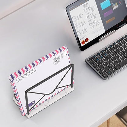 Modern Mail Holder for Home Office, Metal Letter Organizer Sorter for Desk, Cutout Mail Envelope Design, Bill Filling Paper Document Rack, Envelope Storage Rack with Marble Base (Black)