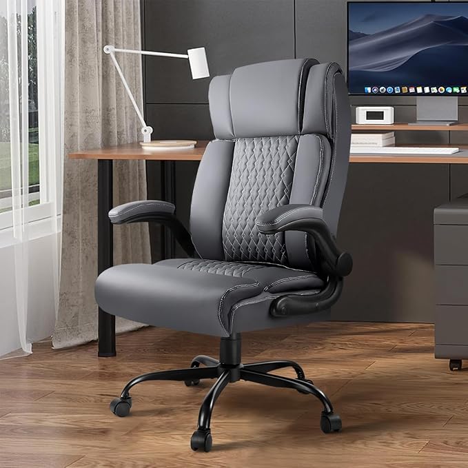 VITESSE Heavy Duty Office Chair, Executive Office Chair with Flip up Armrest,Ergonomic High Back Computer Gaming Chairs Home Office 400lbs, Big and Tall Office Chairwith Lumbar Support（Gray）