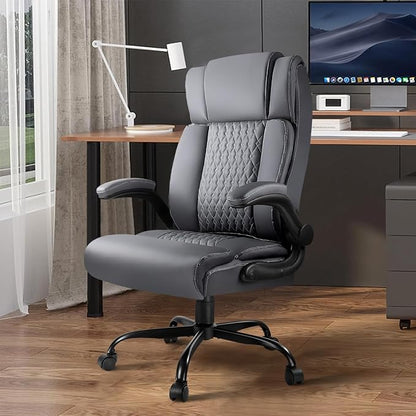 VITESSE Heavy Duty Office Chair, Executive Office Chair with Flip up Armrest,Ergonomic High Back Computer Gaming Chairs Home Office 400lbs, Big and Tall Office Chairwith Lumbar Support（Gray）