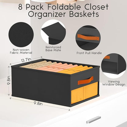 Homsorout Drawer Organizers and Storage - 8 Pack Foldable Pants Organizer with Clear Window & Handles, Fabric Closet Organizer for Clothes, Jeans, Sweaters, Towels, T-shirt, Scarf (Black)