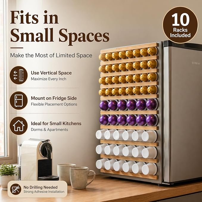K Cup Holder,Wooden Coffee Pod Holder,10 PCS Under Cabinets Wall Mounte Vertically/Horizontally,Coffee Pod Storage for Coffee Shop Desktop Office and Kitchen, Bamboo Wood