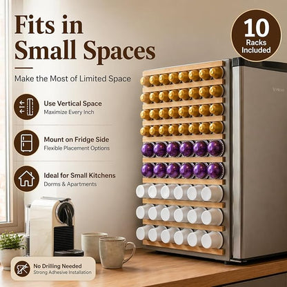 K Cup Holder,Wooden Coffee Pod Holder,10 PCS Under Cabinets Wall Mounte Vertically/Horizontally,Coffee Pod Storage for Coffee Shop Desktop Office and Kitchen, Bamboo Wood