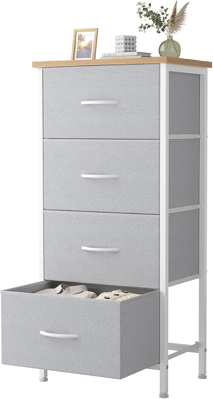 Sweetcrispy 4 Drawer Fabric Dresser Storage Tower Nightstand Chest | Small bedroom dresser and nightstand with sturdy frame,Perfect for closet,entryway,dorm,Easy assembly,Light Gray