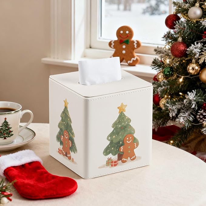 MEIBOOCH PU Leather Tissue Box Cover Square Tissue Box Holder with Magnetic Closure (Christmas Style)