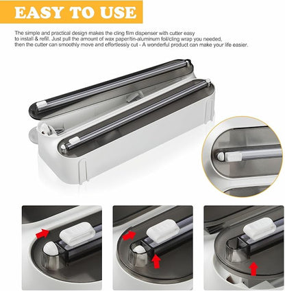 Magnetic Plastic Wrap Dispenser with Cutter - Refillable Tin Foil and Plastic Wrap Organizer for Kitchen, Aluminum Foil Dispenser with Paper Towel Holder Wall Mount - Fits 12" Roll, White