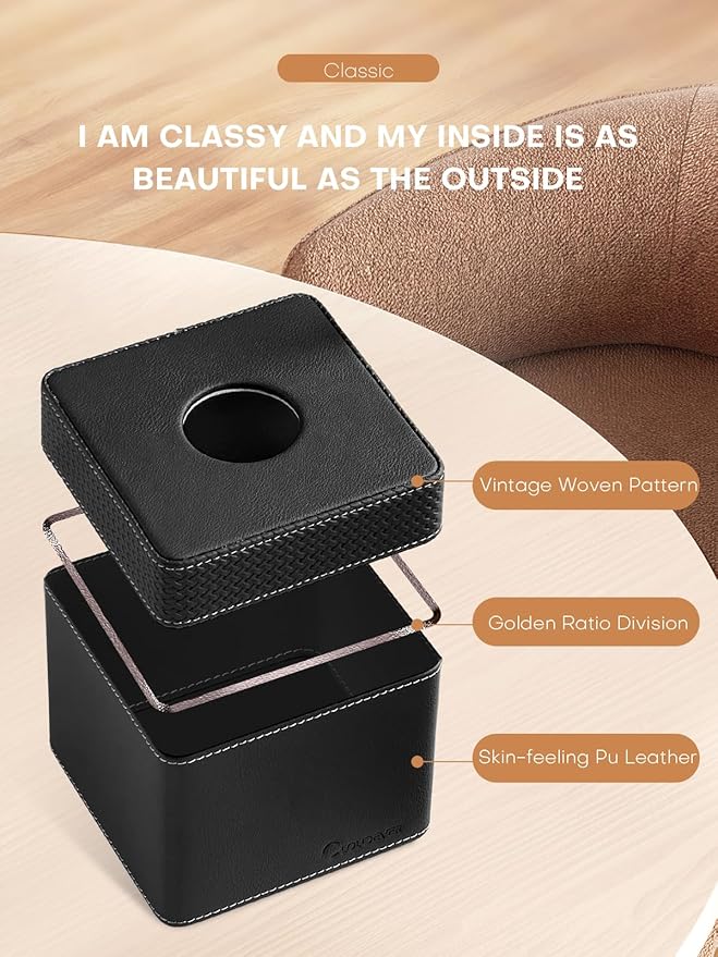 Cloudever Tissue Box Holder Cover, Modern PU Leather Square Decorative Tissue Holder Organizer-Woven New Black