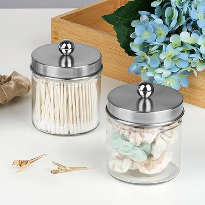 SheeChung 2-Pack Brushed Nickel Mason Jar Qtip Holder - Glass Apothecary Jars Bathroom Organizer - Rust-Proof Stainless Steel Lid for Cotton Swabs, Balls, Pads, Flossers - Modern Farmhouse Decor
