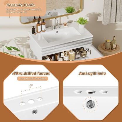 ROOMTEC 30" Bathroom Vanity with Sink, Mid-Century Freestanding Bathroom Vanity Sink with Storage, Undermount Ceramic Sink, Particleboard Frame with Wood Grain Laminate, White