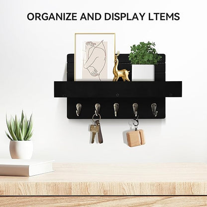 Key Holder Wall Mount, Rustic Key Hooks for Wall with Shelf for Mail Organizer, Entryway Decorative Key Rack with 5 Sturdy Hooks for Hanging Keys, Dog Leash, Sunglasses Wooden Key Hanger