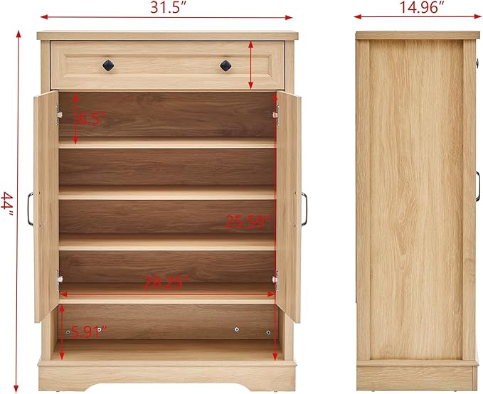 SOOWERY Shoe Cabinet with Drawer, Farmhouse Shoe Storage Cabinet with Doors, 5 Tiers Narrow Shoe Organizer for Entryway, Foyer, Hallway, Natural Oak