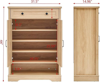 SOOWERY Shoe Cabinet with Drawer, Farmhouse Shoe Storage Cabinet with Doors, 5 Tiers Narrow Shoe Organizer for Entryway, Foyer, Hallway, Natural Oak