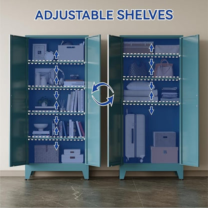COFaR 71 in Tall Kitchen Pantry Cabinet, Metal Pantry Storage Cabinet with 4 Adjustable Shelves and 2 Barn Doors, Freestanding Farmhouse Food Cupboard for Dining Room, Peacock Blue 5-Tier