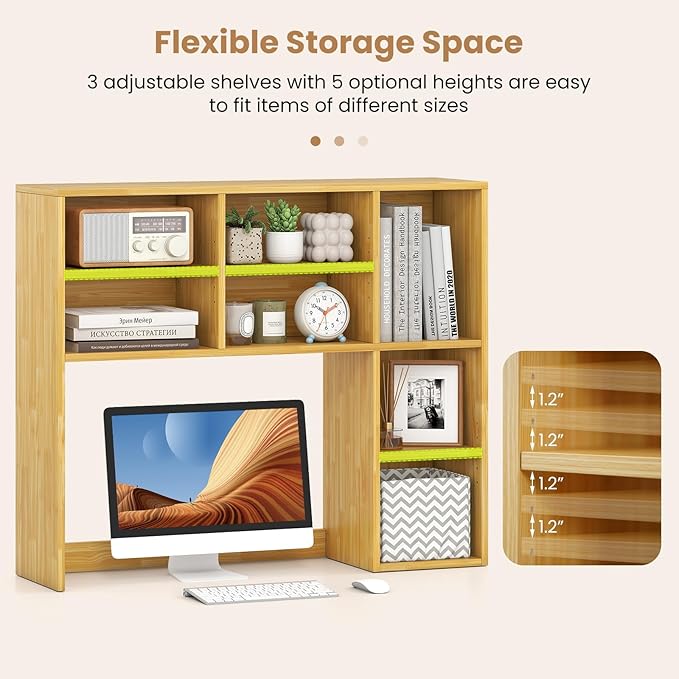 Desk Hutch, Desktop Shelf with 7 Shelves, Desk Bookshelf w/Anti-Toppling Devices, Wood Table Top Bookshelf Organizer, Small Desk Shelf for Study, Office, Dorm (Burlywood, 7 Shelves)