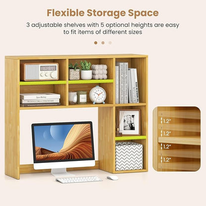 Desk Hutch, Desktop Shelf with 7 Shelves, Desk Bookshelf w/Anti-Toppling Devices, Wood Table Top Bookshelf Organizer, Small Desk Shelf for Study, Office, Dorm (Burlywood, 7 Shelves)