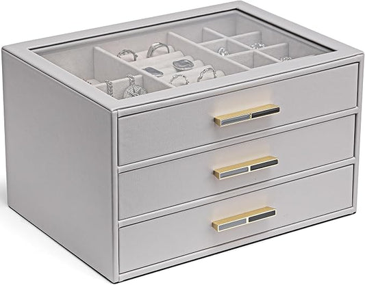 VLANDO Jewelry Box for Women, Glass Lid Jewelry Organizer with 3 Drawers for Necklaces Rings Earrings Bracelets - Grey