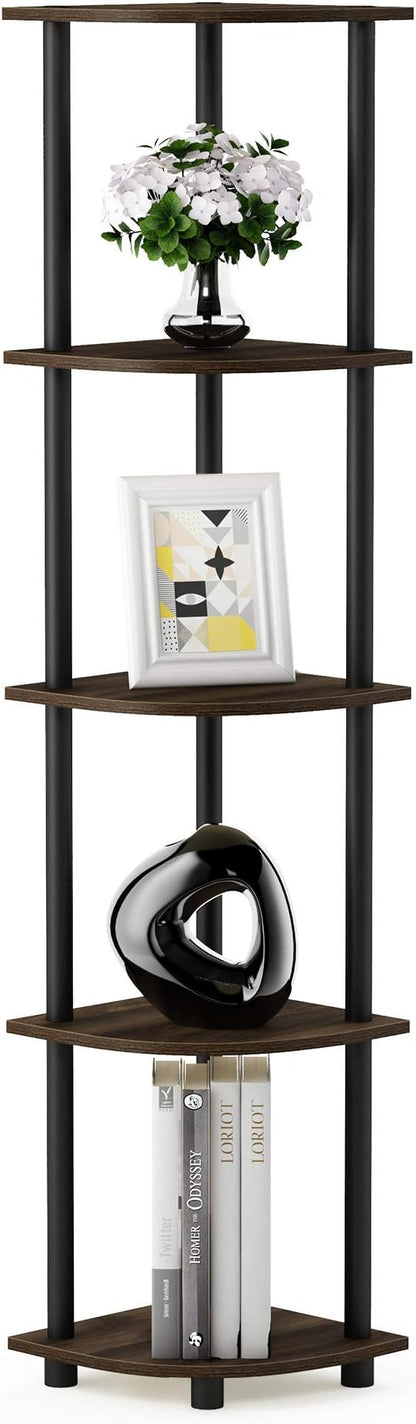 Furinno TURN-N-TUBE Corner Shelf Set of 2, 5-Tier Corner Bookshelf, Open Storage Shelves, for Organization and Storage, Living Room, Home Office, Garage, Columbia Walnut